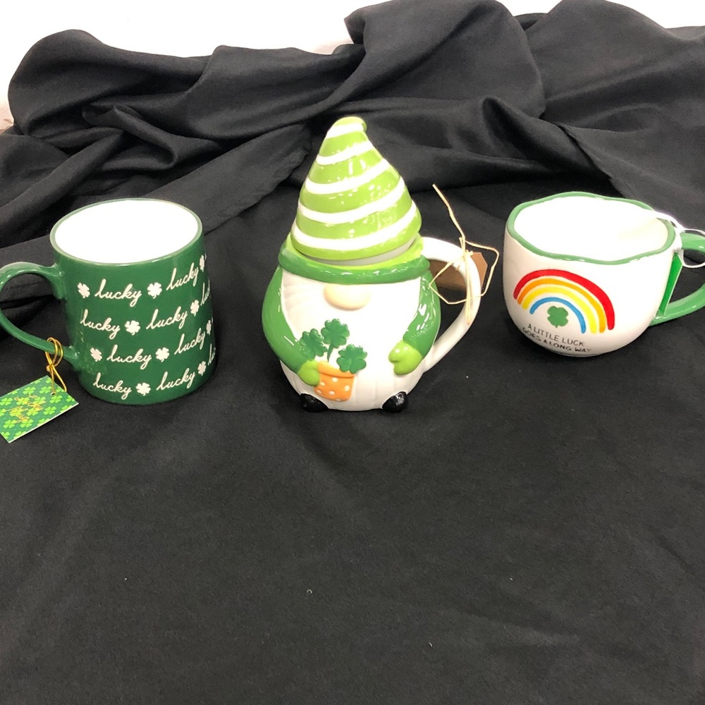 Green St. Patrick's Themed Mugs & Gnome mug Trio